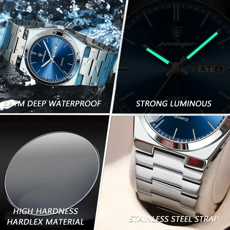 POEDAGAR Luxus-Armbanduhr für Herren, wasserdicht, leuchtend, Datum, Woche, Edelstahl, lässige Quarzuhr für Herren, Herrenuhr + Box