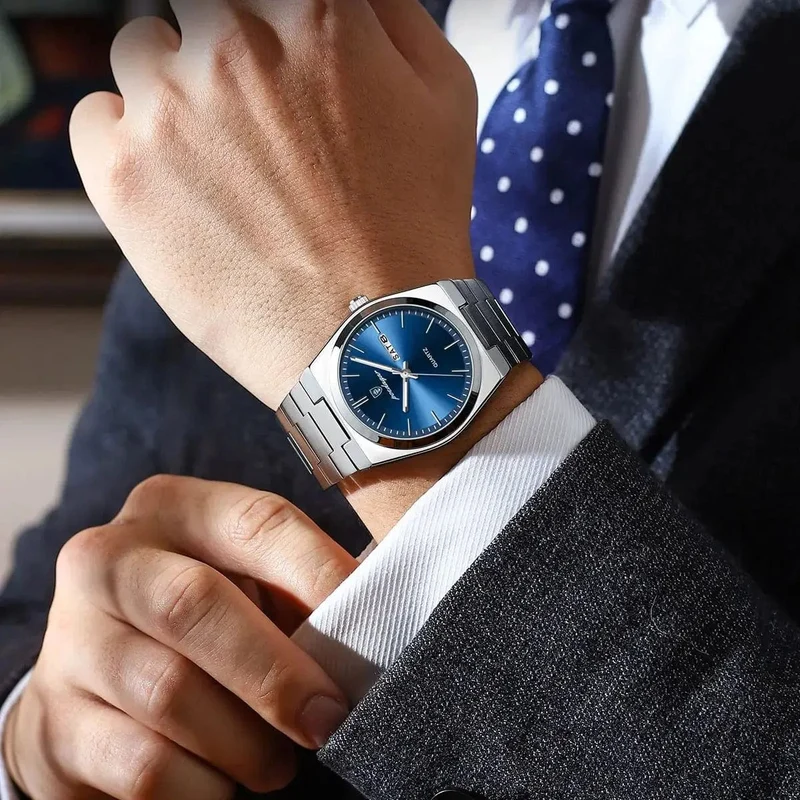 POEDAGAR Luxus-Armbanduhr für Herren, wasserdicht, leuchtend, Datum, Woche, Edelstahl, lässige Quarzuhr für Herren, Herrenuhr + Box