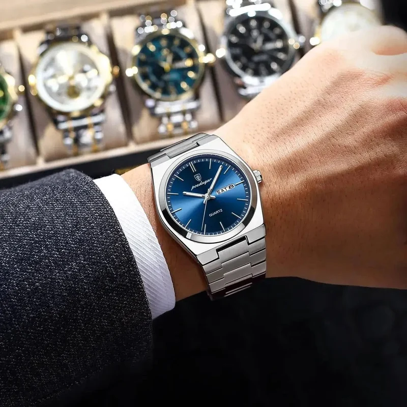POEDAGAR Luxus-Armbanduhr für Herren, wasserdicht, leuchtend, Datum, Woche, Edelstahl, lässige Quarzuhr für Herren, Herrenuhr + Box