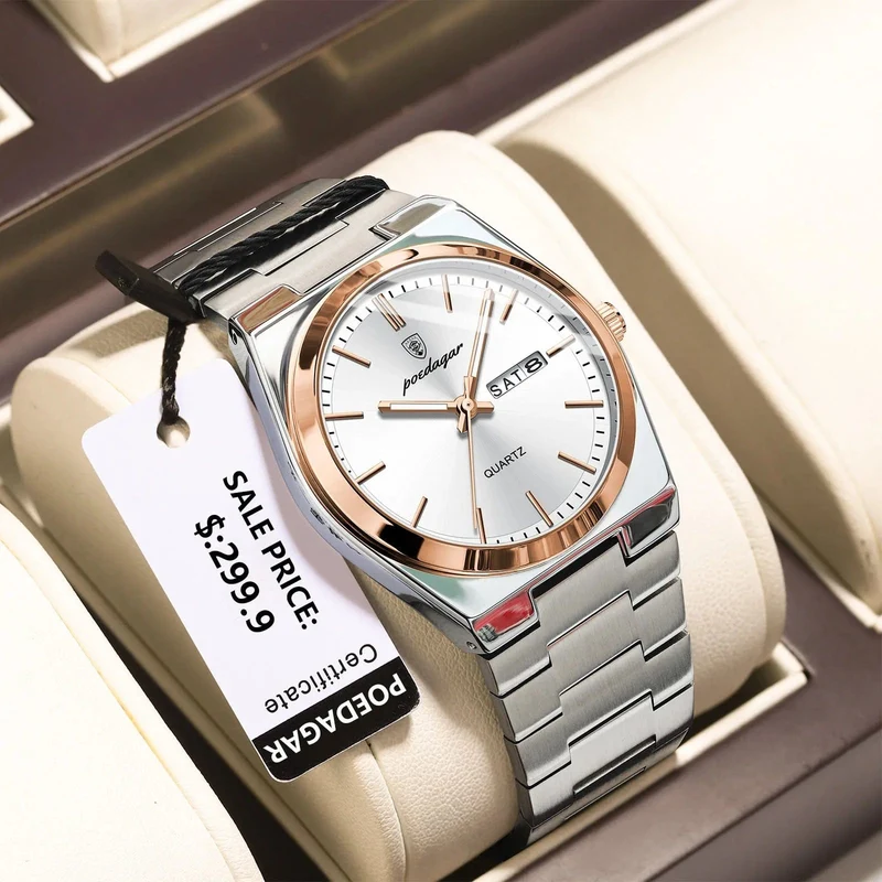 POEDAGAR Luxus-Armbanduhr für Herren, wasserdicht, leuchtend, Datum, Woche, Edelstahl, lässige Quarzuhr für Herren, Herrenuhr + Box