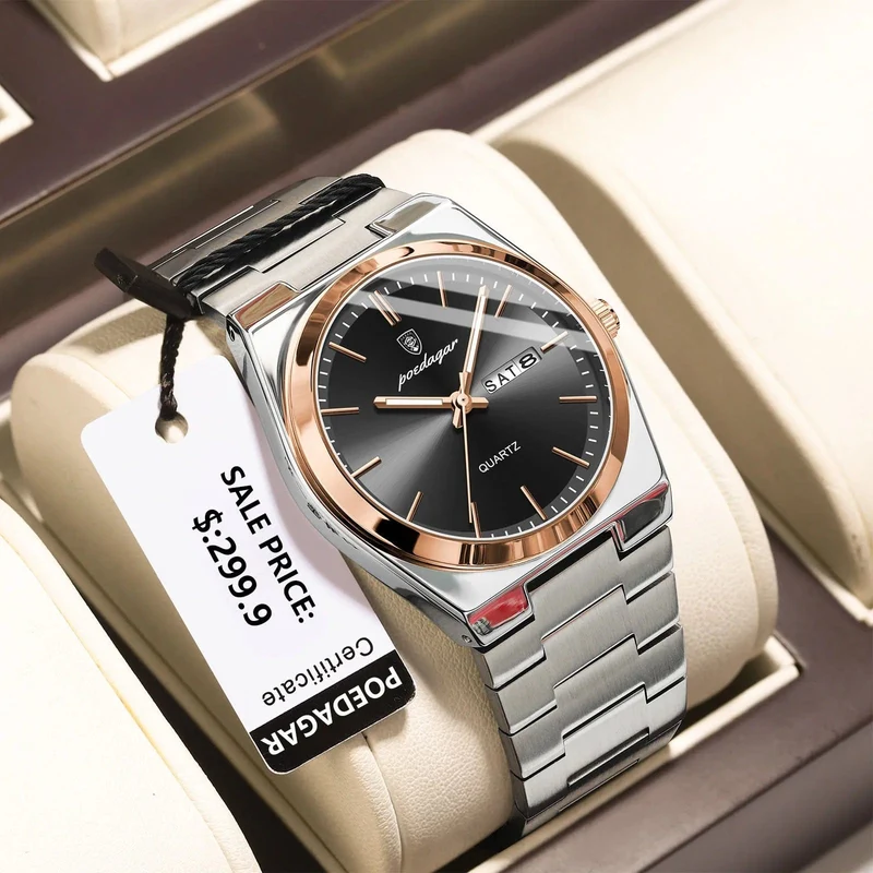 POEDAGAR Luxus-Armbanduhr für Herren, wasserdicht, leuchtend, Datum, Woche, Edelstahl, lässige Quarzuhr für Herren, Herrenuhr + Box