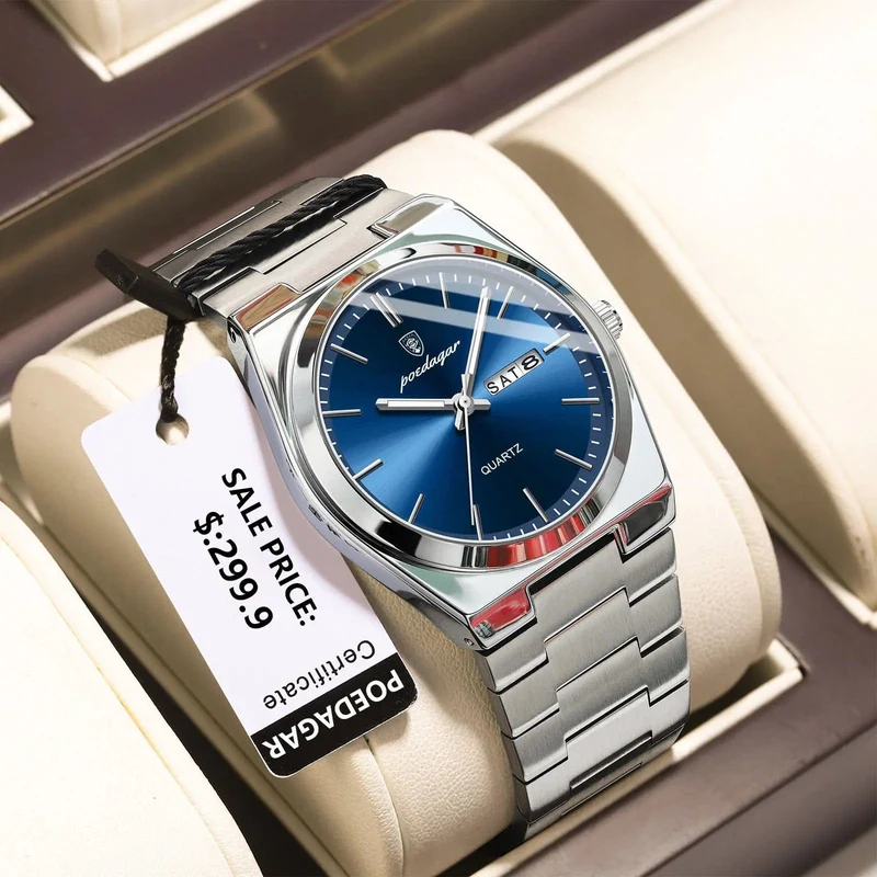 POEDAGAR Luxus-Armbanduhr für Herren, wasserdicht, leuchtend, Datum, Woche, Edelstahl, lässige Quarzuhr für Herren, Herrenuhr + Box