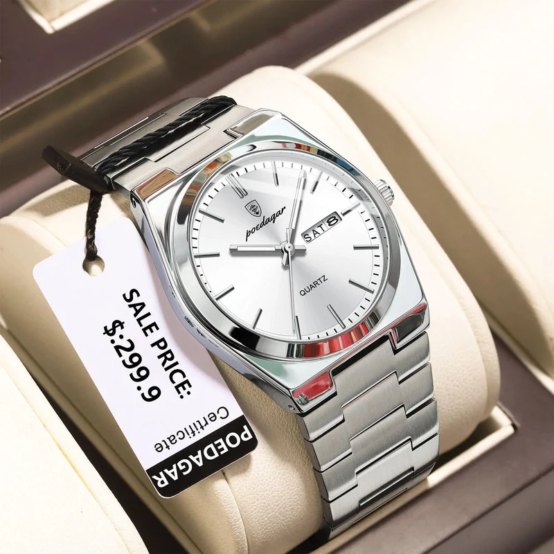 POEDAGAR Luxus-Armbanduhr für Herren, wasserdicht, leuchtend, Datum, Woche, Edelstahl, lässige Quarzuhr für Herren, Herrenuhr + Box