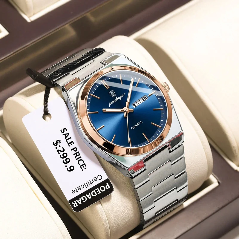 POEDAGAR Luxus-Armbanduhr für Herren, wasserdicht, leuchtend, Datum, Woche, Edelstahl, lässige Quarzuhr für Herren, Herrenuhr + Box