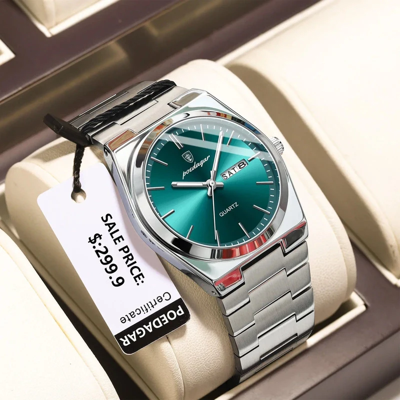 POEDAGAR Luxus-Armbanduhr für Herren, wasserdicht, leuchtend, Datum, Woche, Edelstahl, lässige Quarzuhr für Herren, Herrenuhr + Box