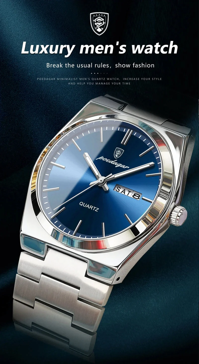POEDAGAR Luxus-Armbanduhr für Herren, wasserdicht, leuchtend, Datum, Woche, Edelstahl, lässige Quarzuhr für Herren, Herrenuhr + Box