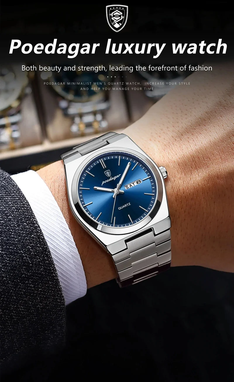 POEDAGAR Luxus-Armbanduhr für Herren, wasserdicht, leuchtend, Datum, Woche, Edelstahl, lässige Quarzuhr für Herren, Herrenuhr + Box