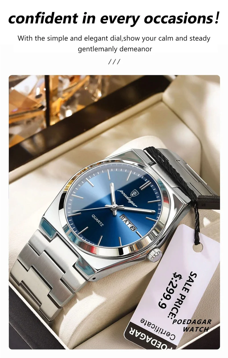 POEDAGAR Luxus-Armbanduhr für Herren, wasserdicht, leuchtend, Datum, Woche, Edelstahl, lässige Quarzuhr für Herren, Herrenuhr + Box