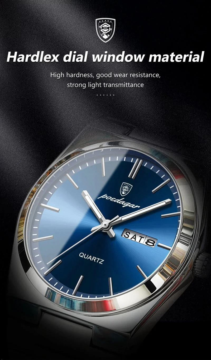 POEDAGAR Luxus-Armbanduhr für Herren, wasserdicht, leuchtend, Datum, Woche, Edelstahl, lässige Quarzuhr für Herren, Herrenuhr + Box