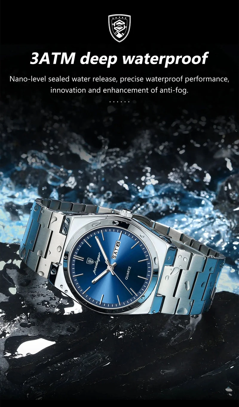 POEDAGAR Luxus-Armbanduhr für Herren, wasserdicht, leuchtend, Datum, Woche, Edelstahl, lässige Quarzuhr für Herren, Herrenuhr + Box