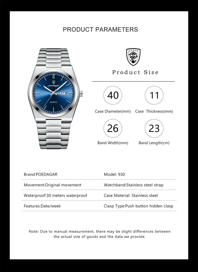 POEDAGAR Luxus-Armbanduhr für Herren, wasserdicht, leuchtend, Datum, Woche, Edelstahl, lässige Quarzuhr für Herren, Herrenuhr + Box