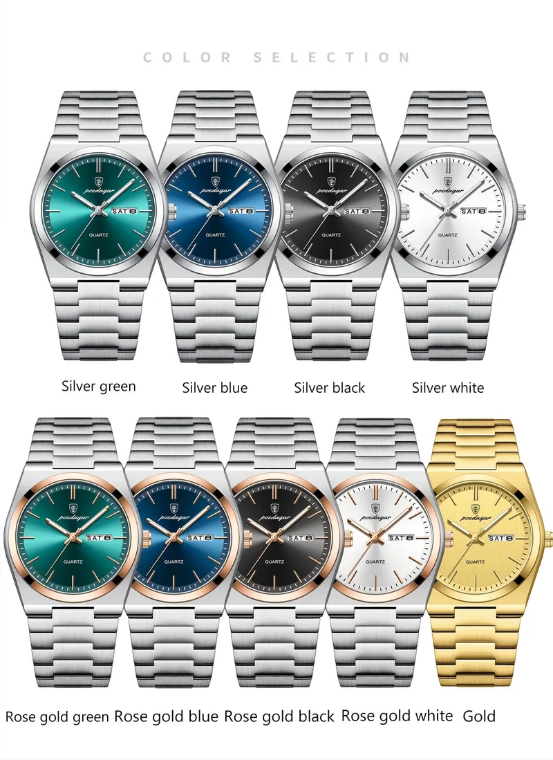 POEDAGAR Luxus-Armbanduhr für Herren, wasserdicht, leuchtend, Datum, Woche, Edelstahl, lässige Quarzuhr für Herren, Herrenuhr + Box