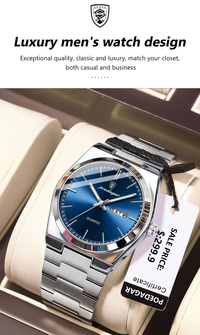 POEDAGAR Luxus-Armbanduhr für Herren, wasserdicht, leuchtend, Datum, Woche, Edelstahl, lässige Quarzuhr für Herren, Herrenuhr + Box