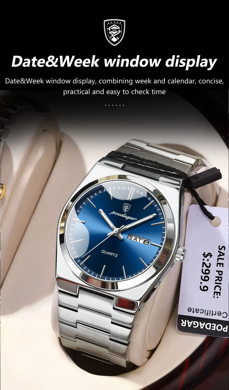 POEDAGAR Luxus-Armbanduhr für Herren, wasserdicht, leuchtend, Datum, Woche, Edelstahl, lässige Quarzuhr für Herren, Herrenuhr + Box