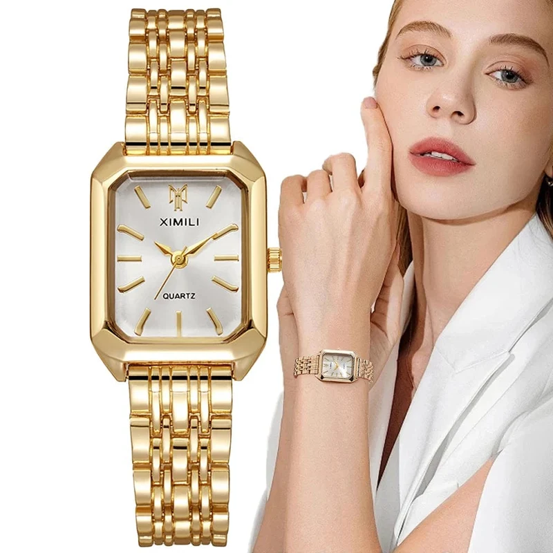 Luxus Damen Mode Quarzuhr Einfache Skala Quadrat Qualität Vergoldet Frauen Uhren Business Edelstahl Klapp Uhr