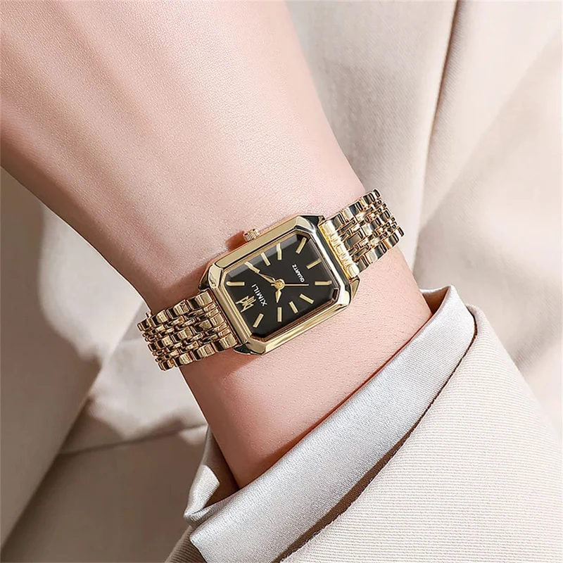 Luxus Damen Mode Quarzuhr Einfache Skala Quadrat Qualität Vergoldet Frauen Uhren Business Edelstahl Klapp Uhr