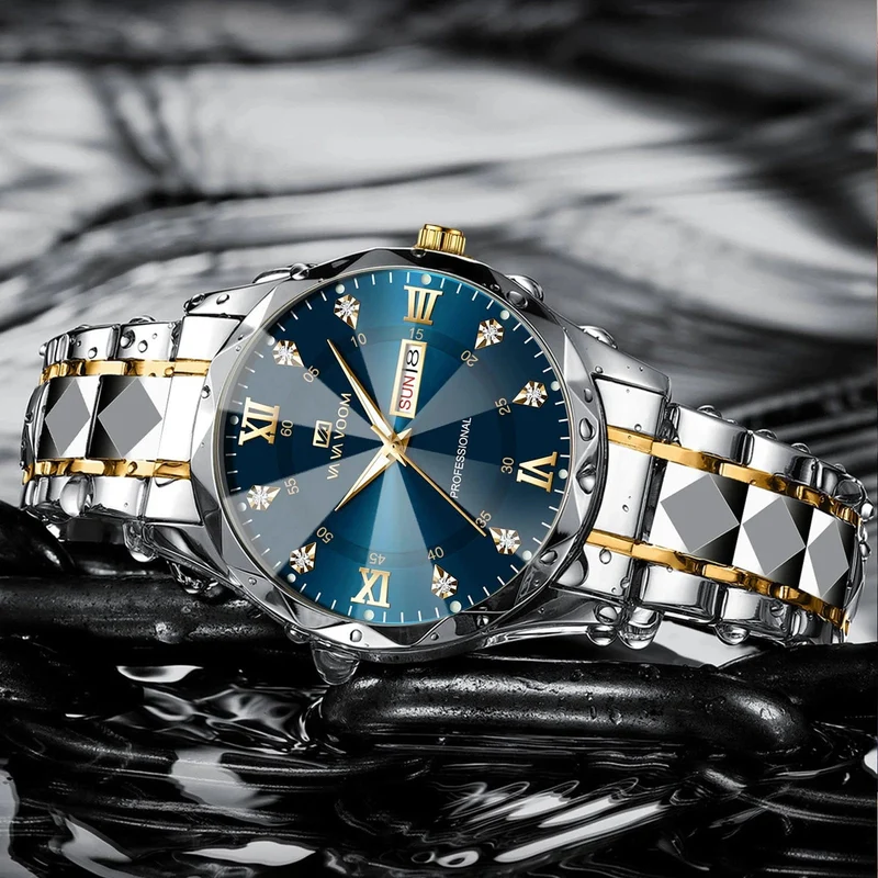Herrenuhr Water Diamond Luxury Night Glow Doppelkalender Quarzwerk 41mm Blau Gold Edelstahl Fashion Business Watch
