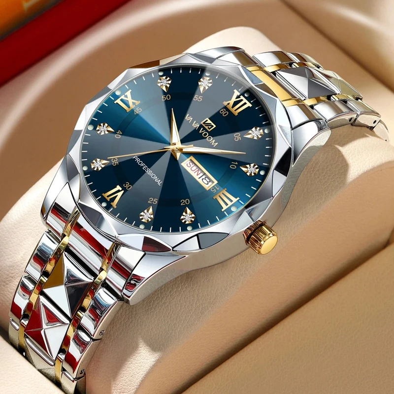 Herrenuhr Water Diamond Luxury Night Glow Doppelkalender Quarzwerk 41mm Blau Gold Edelstahl Fashion Business Watch