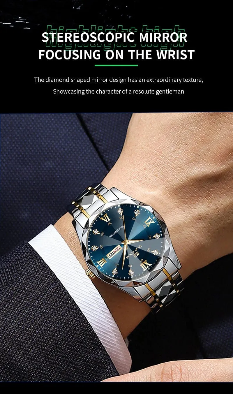Herrenuhr Water Diamond Luxury Night Glow Doppelkalender Quarzwerk 41mm Blau Gold Edelstahl Fashion Business Watch