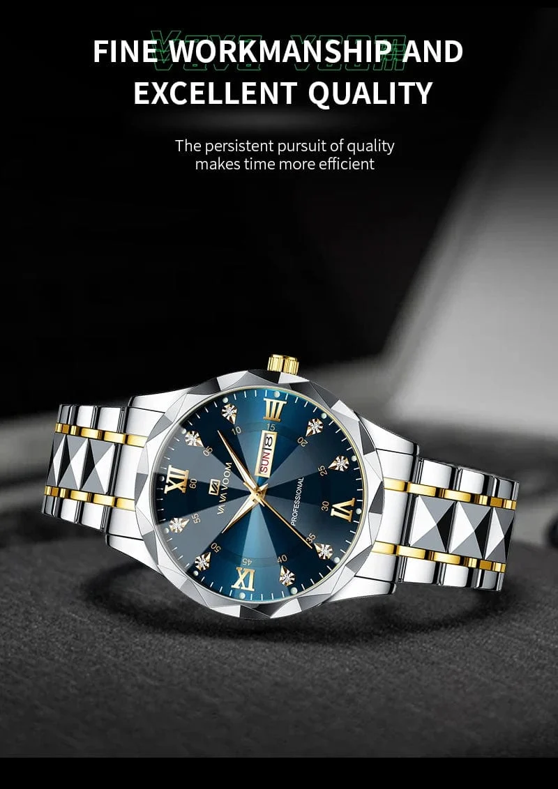 Herrenuhr Water Diamond Luxury Night Glow Doppelkalender Quarzwerk 41mm Blau Gold Edelstahl Fashion Business Watch