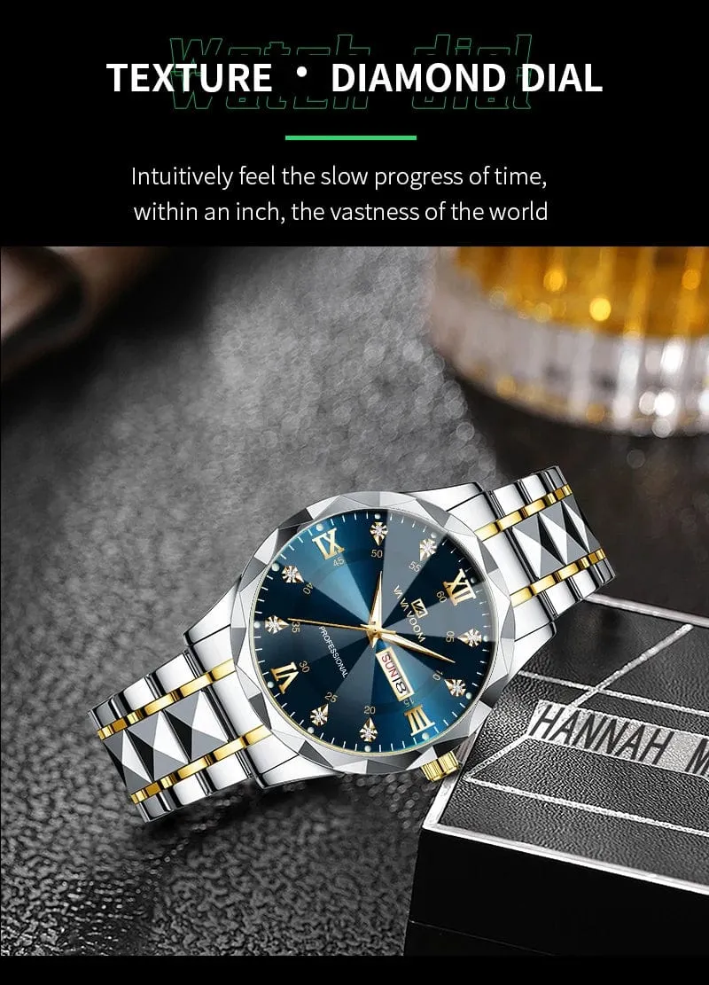 Herrenuhr Water Diamond Luxury Night Glow Doppelkalender Quarzwerk 41mm Blau Gold Edelstahl Fashion Business Watch