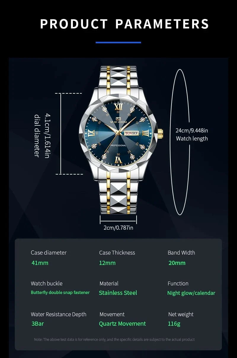 Herrenuhr Water Diamond Luxury Night Glow Doppelkalender Quarzwerk 41mm Blau Gold Edelstahl Fashion Business Watch