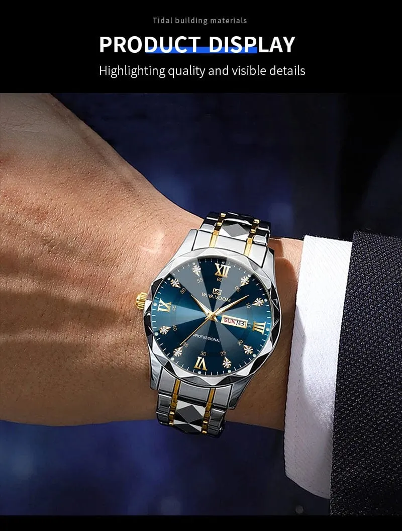 Herrenuhr Water Diamond Luxury Night Glow Doppelkalender Quarzwerk 41mm Blau Gold Edelstahl Fashion Business Watch