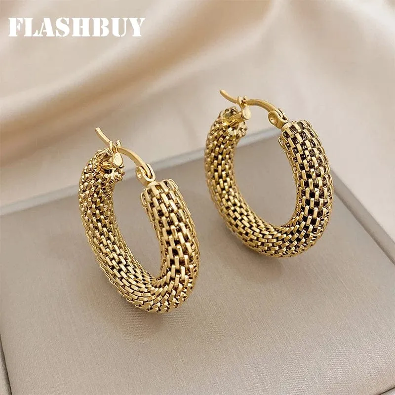 FLASHBUY Edelstahl Gold Farbe Geometrische Metall Mesh Ohrringe Für Frauen Mädchen Neue Trend Hoop Ohr Schmuck Geschenk