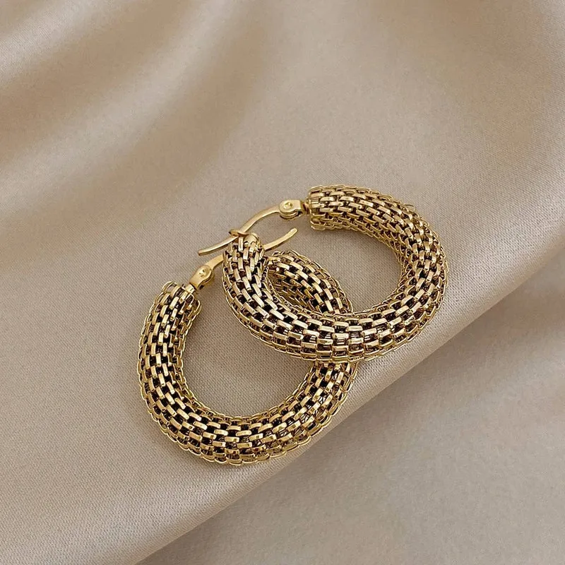 FLASHBUY Edelstahl Gold Farbe Geometrische Metall Mesh Ohrringe Für Frauen Mädchen Neue Trend Hoop Ohr Schmuck Geschenk