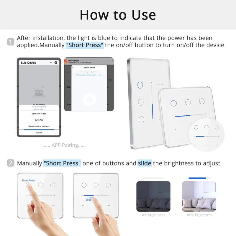 Zemismart Tuya Zigbee Smart Dimmer Schalter 3 Gang Smart Leben APP Fernbedienung US EU Standard Licht Schalter Prozentsatz Control
