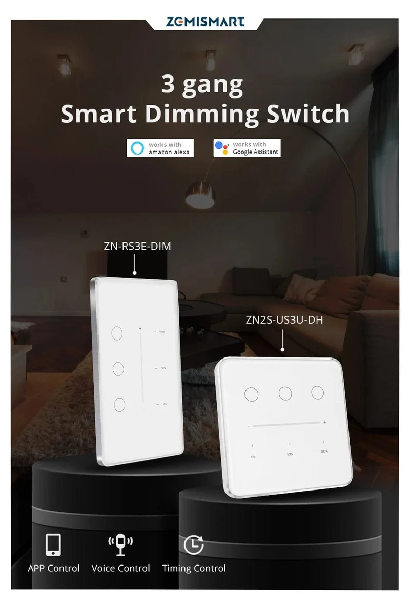 Zemismart Tuya Zigbee Smart Dimmer Schalter 3 Gang Smart Leben APP Fernbedienung US EU Standard Licht Schalter Prozentsatz Control