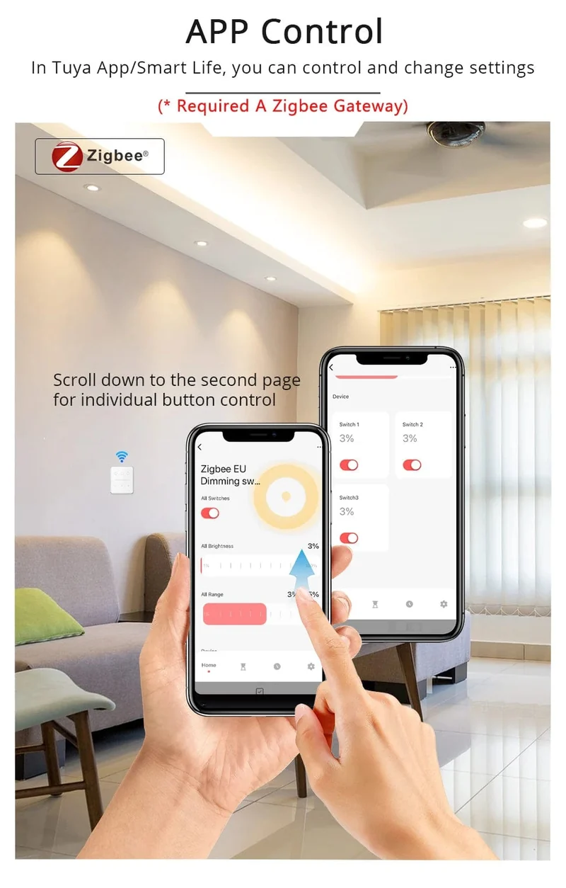 Zemismart Tuya Zigbee Smart Dimmer Schalter 3 Gang Smart Leben APP Fernbedienung US EU Standard Licht Schalter Prozentsatz Control