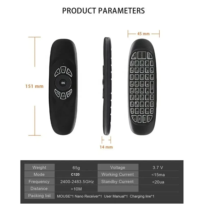 C120 RGB Hintergrundbeleuchtung Fly Air Mouse Gyro Sensor Drahtlose 2.4G RF Tastatur Fernbedienung Für Android Smart TV Box