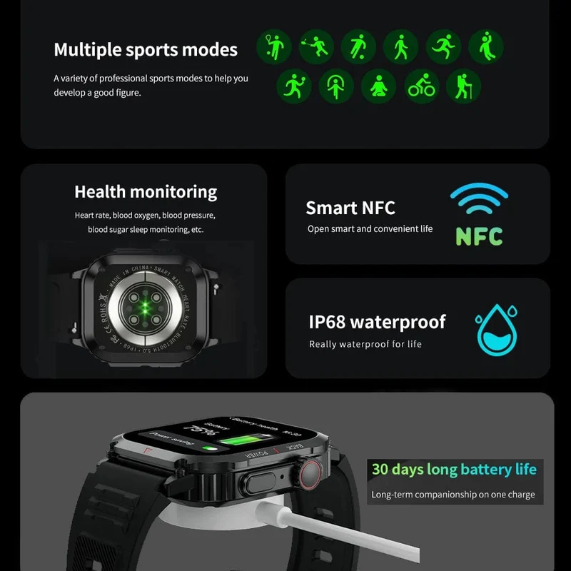 Für Huawei Xiaomi NFC Smart Watch Männer AMOLED HD Bildschirm Herzfrequenz Gesundheitstracker Bluetooth Anruf IP68 Wasserdichte Smartwatch 2024