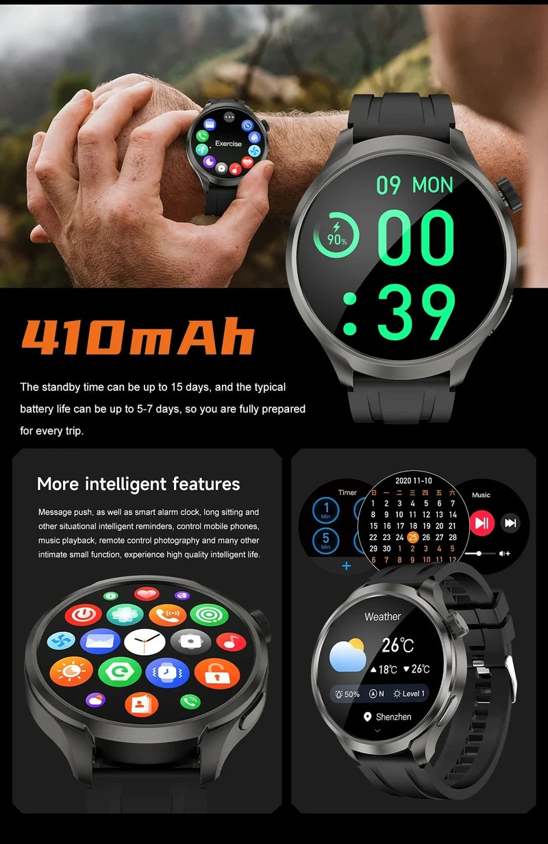 2024Neu für HUAWEI Sport Smart Armband Herrenuhr 1.85 AMOLED Bildschirm GPS Kompass Höhenmesser Wasserdicht Bluetooth Anruf SmartWatch