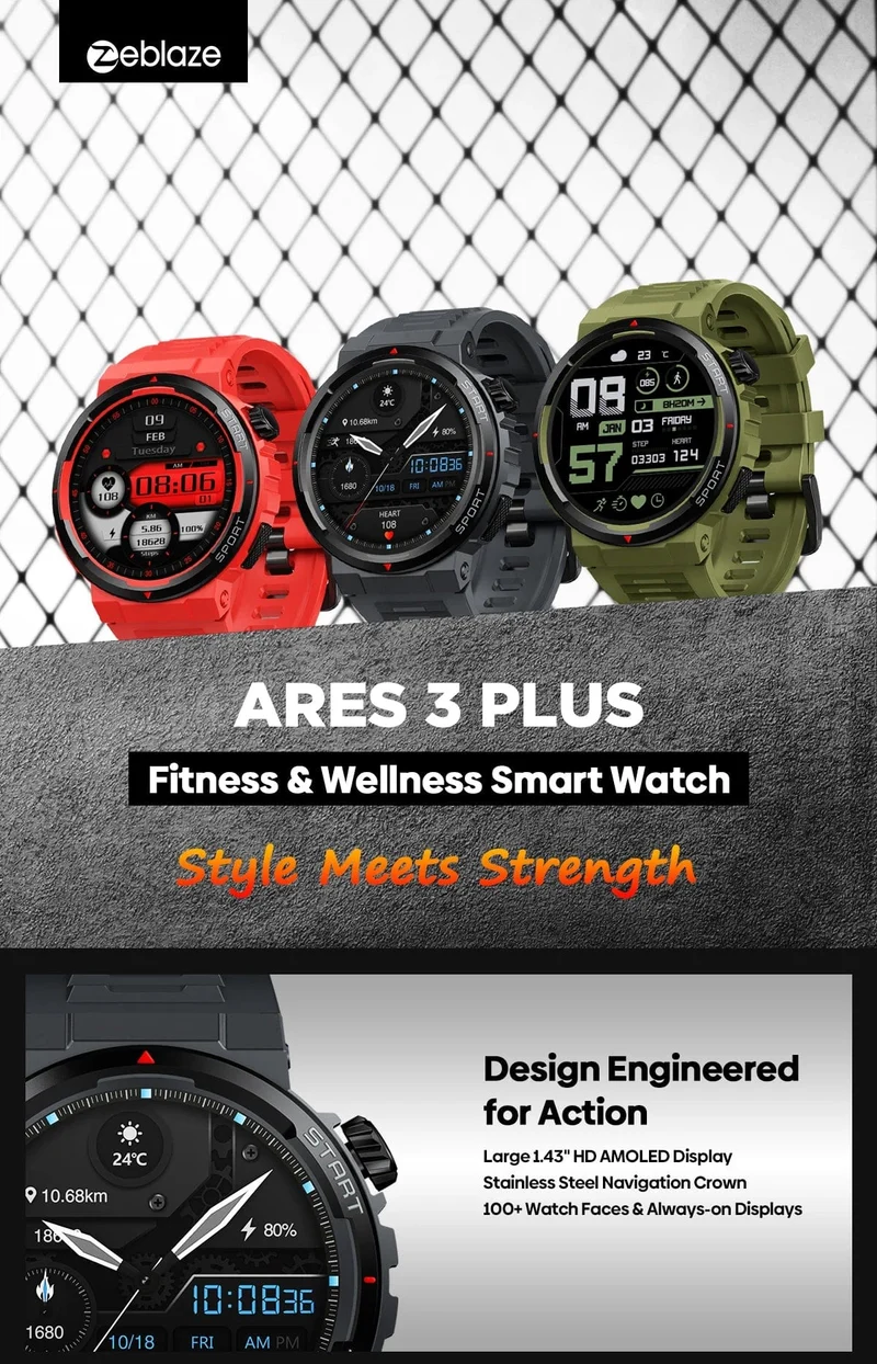 Neu Zeblaze Ares 3 Plus 1.43 ''HD AMOLED Display Smartwatch Bluetooth Telefon-gespräche Neue 3D Interaktive Sport Smart