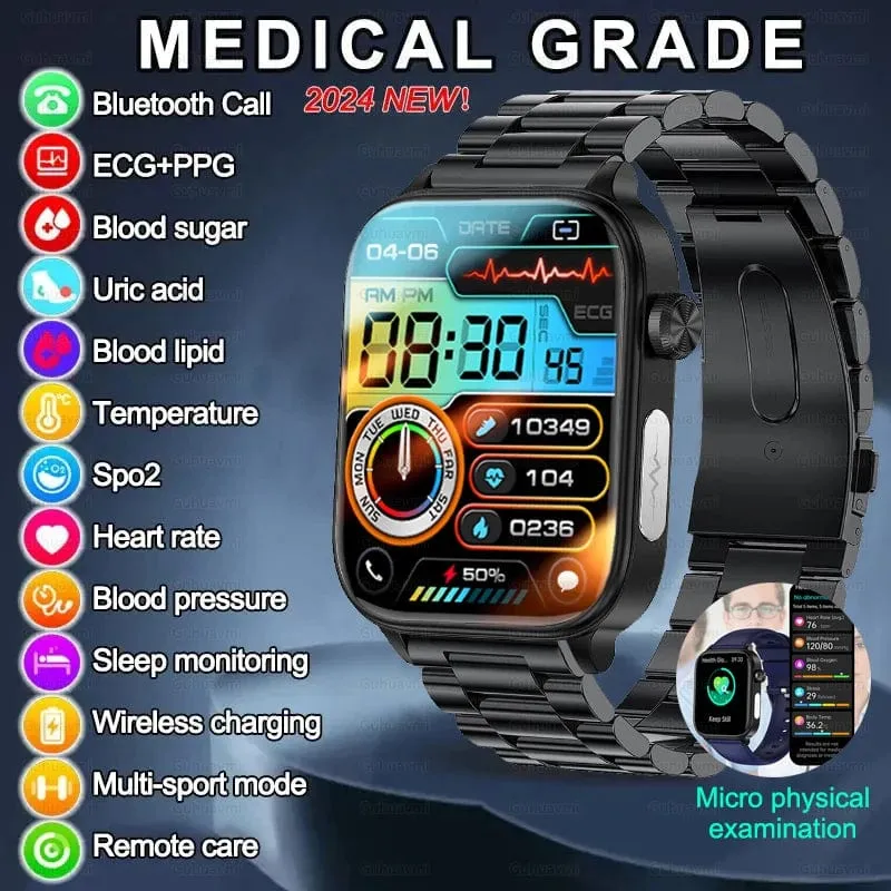 2024 Neue EKG + PPG Harnsäure Nicht-invasive Blutzucker-Smartwatch Männer Bluetooth-Anruf Herzfrequenz Blutdruck Smart Watch Frauen