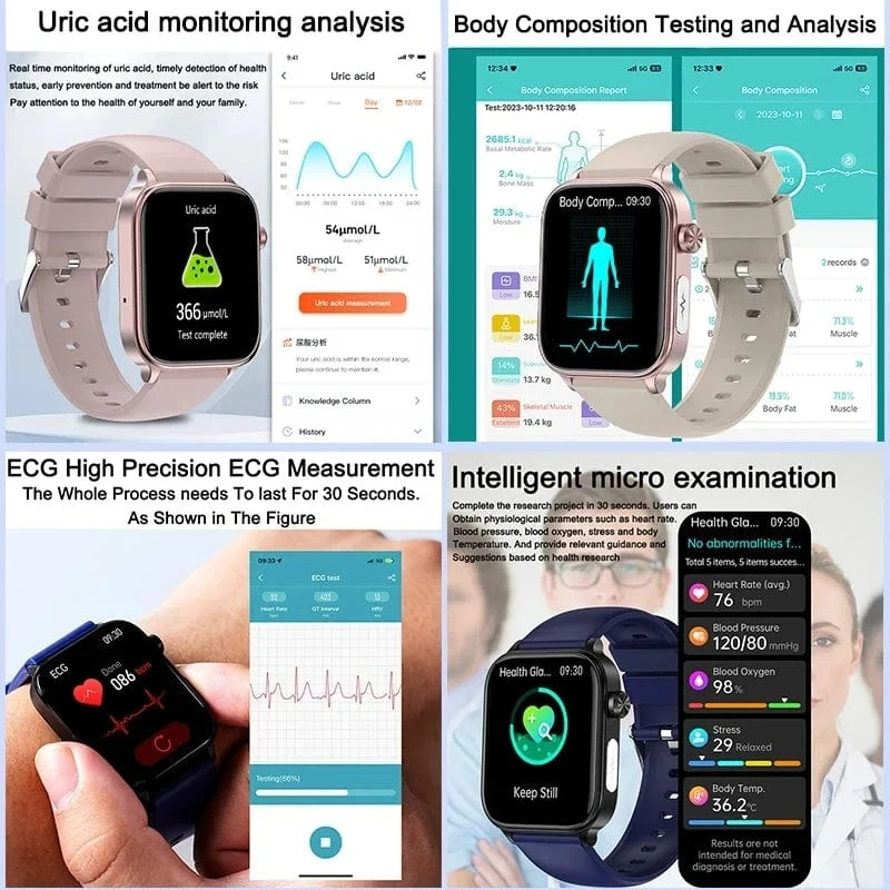 2024 Neue EKG + PPG Harnsäure Nicht-invasive Blutzucker-Smartwatch Männer Bluetooth-Anruf Herzfrequenz Blutdruck Smart Watch Frauen