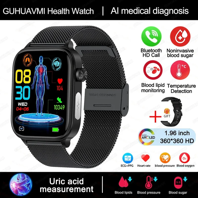 2024 Neue EKG + PPG Harnsäure Nicht-invasive Blutzucker-Smartwatch Männer Bluetooth-Anruf Herzfrequenz Blutdruck Smart Watch Frauen