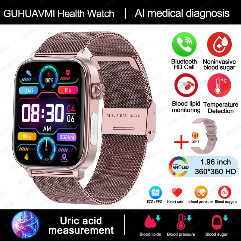 2024 Neue EKG + PPG Harnsäure Nicht-invasive Blutzucker-Smartwatch Männer Bluetooth-Anruf Herzfrequenz Blutdruck Smart Watch Frauen