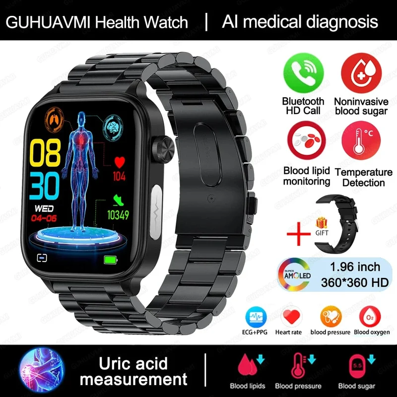 2024 Neue EKG + PPG Harnsäure Nicht-invasive Blutzucker-Smartwatch Männer Bluetooth-Anruf Herzfrequenz Blutdruck Smart Watch Frauen