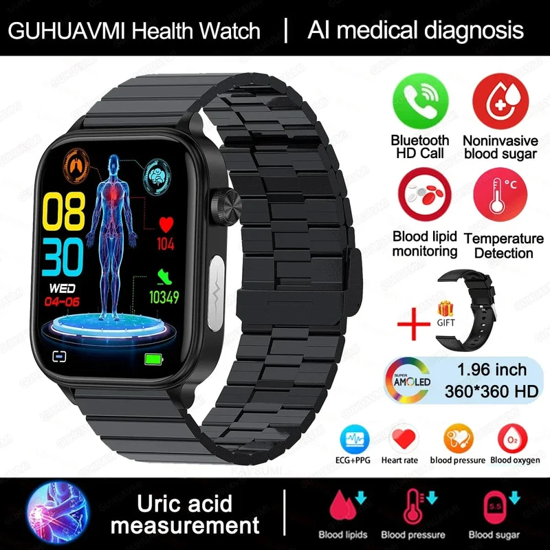 2024 Neue EKG + PPG Harnsäure Nicht-invasive Blutzucker-Smartwatch Männer Bluetooth-Anruf Herzfrequenz Blutdruck Smart Watch Frauen