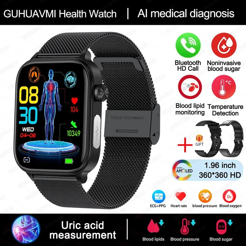 2024 Neue EKG + PPG Harnsäure Nicht-invasive Blutzucker-Smartwatch Männer Bluetooth-Anruf Herzfrequenz Blutdruck Smart Watch Frauen