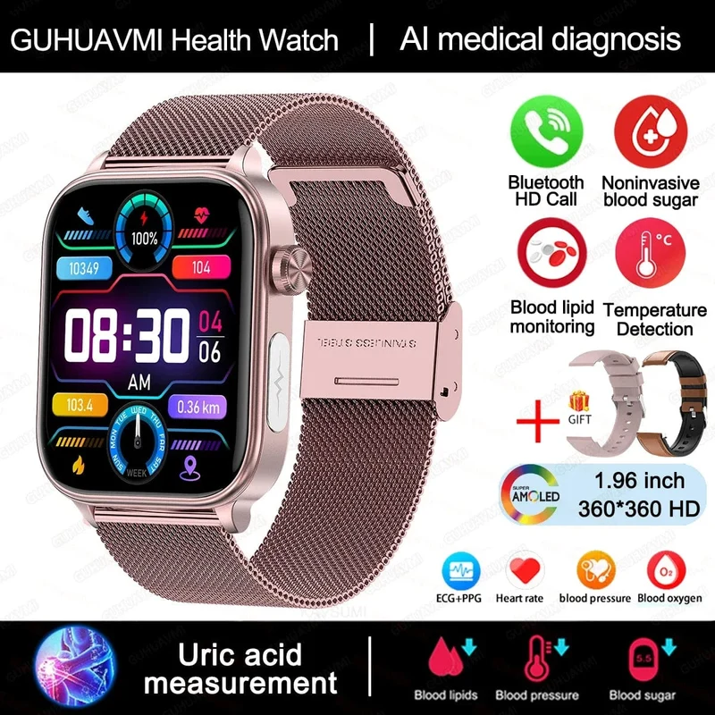 2024 Neue EKG + PPG Harnsäure Nicht-invasive Blutzucker-Smartwatch Männer Bluetooth-Anruf Herzfrequenz Blutdruck Smart Watch Frauen