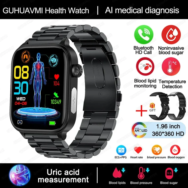 2024 Neue EKG + PPG Harnsäure Nicht-invasive Blutzucker-Smartwatch Männer Bluetooth-Anruf Herzfrequenz Blutdruck Smart Watch Frauen
