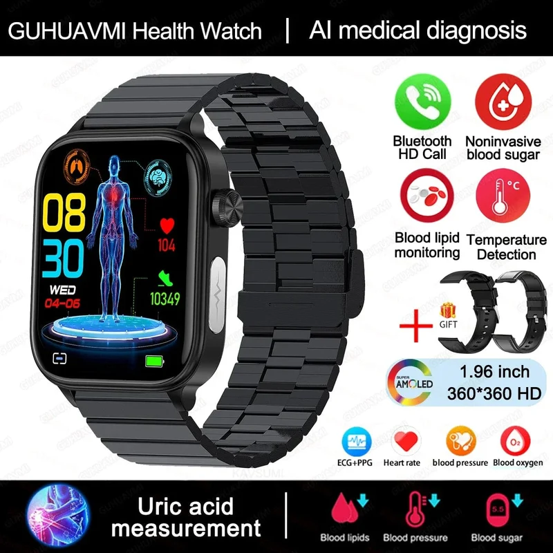 2024 Neue EKG + PPG Harnsäure Nicht-invasive Blutzucker-Smartwatch Männer Bluetooth-Anruf Herzfrequenz Blutdruck Smart Watch Frauen