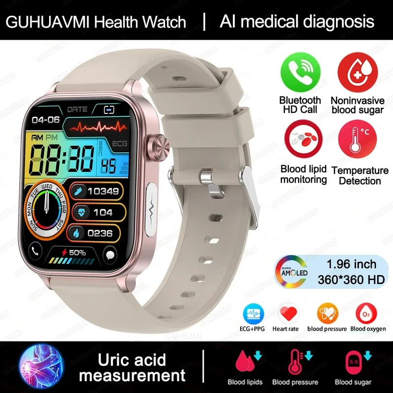 2024 Neue EKG + PPG Harnsäure Nicht-invasive Blutzucker-Smartwatch Männer Bluetooth-Anruf Herzfrequenz Blutdruck Smart Watch Frauen