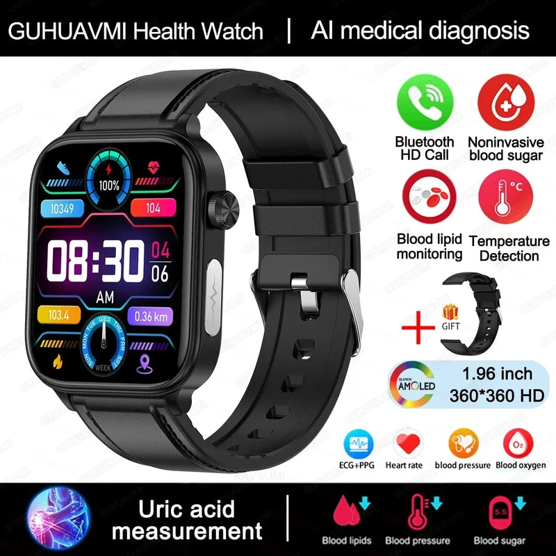 2024 Neue EKG + PPG Harnsäure Nicht-invasive Blutzucker-Smartwatch Männer Bluetooth-Anruf Herzfrequenz Blutdruck Smart Watch Frauen
