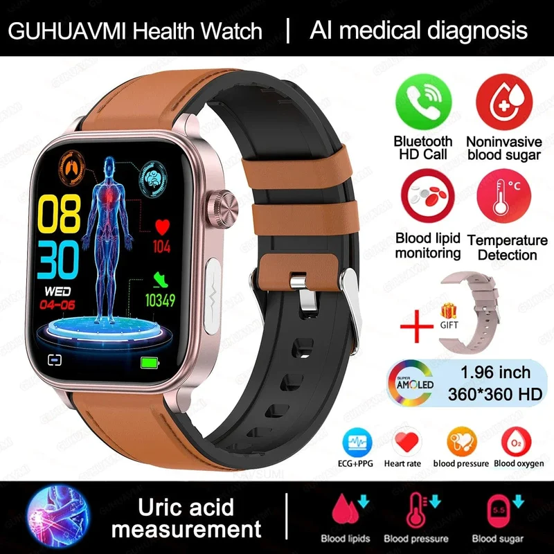 2024 Neue EKG + PPG Harnsäure Nicht-invasive Blutzucker-Smartwatch Männer Bluetooth-Anruf Herzfrequenz Blutdruck Smart Watch Frauen