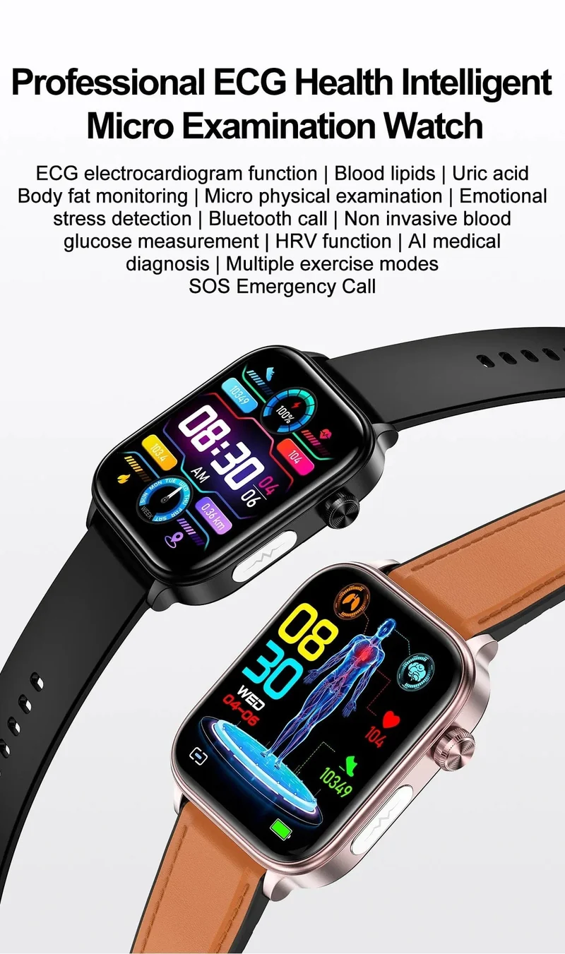 2024 Neue EKG + PPG Harnsäure Nicht-invasive Blutzucker-Smartwatch Männer Bluetooth-Anruf Herzfrequenz Blutdruck Smart Watch Frauen